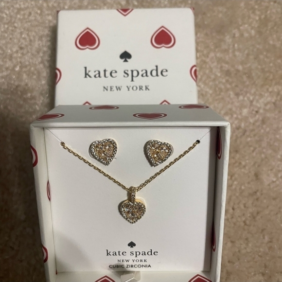 NIB Kate Spade New York Silver Gold Heart Necklace Earrings Set Cubic Zirconia - Picture 3 of 3